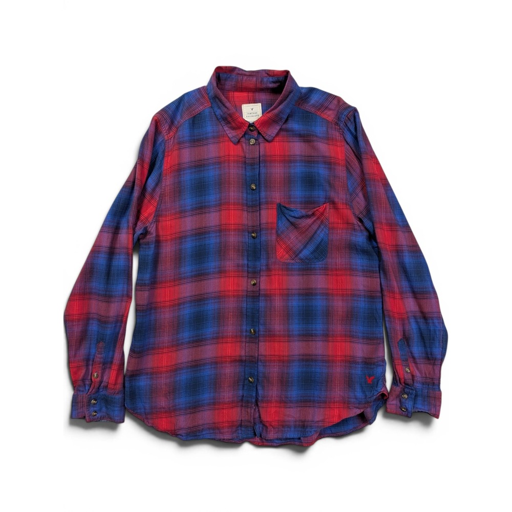 American Eagle Womens Button Up Shirt Large Vintage Boyfriend Plaid Red Blue